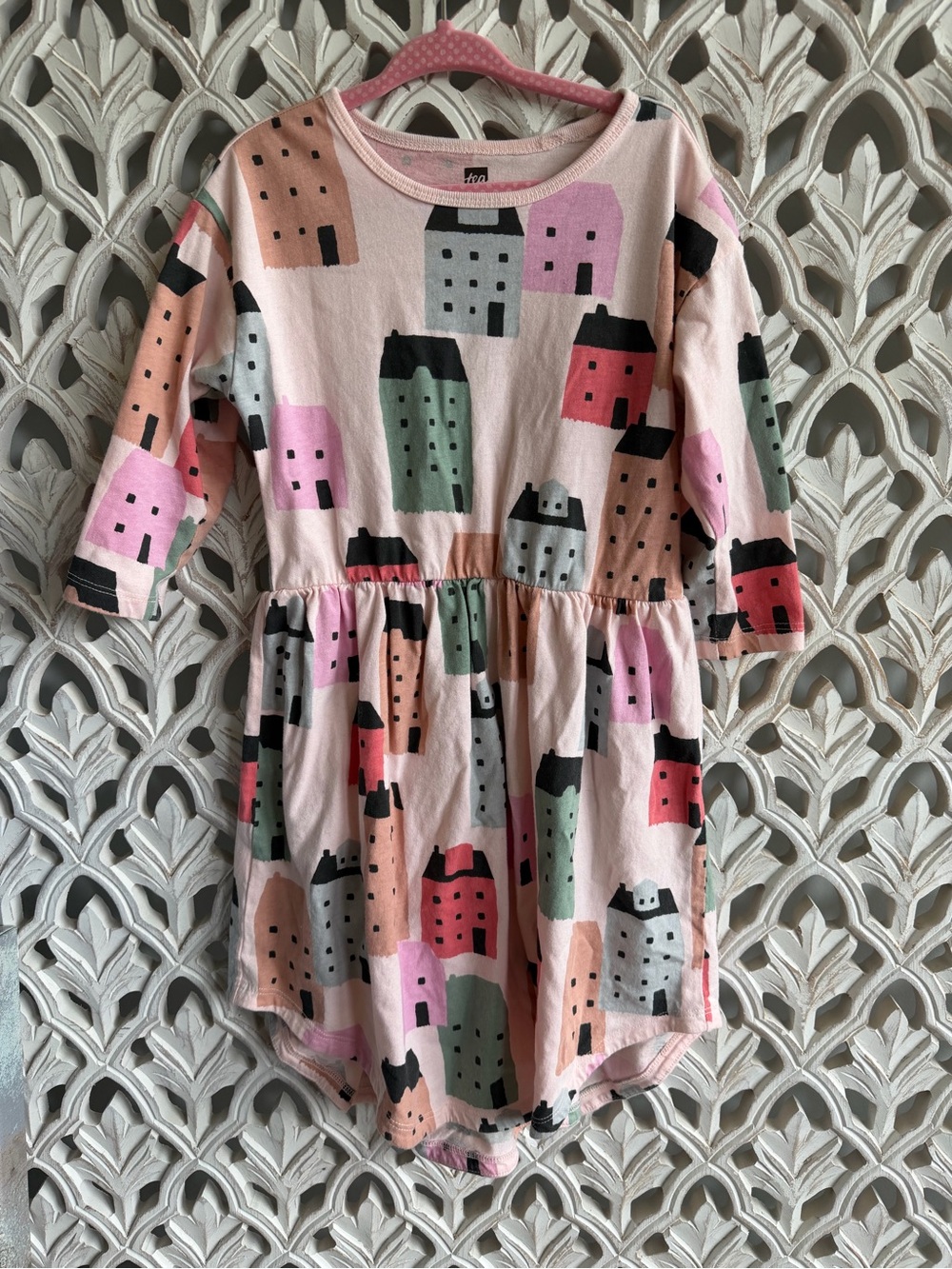 Tea Collection Girls Size 5 Pink House Print Long Sleeve Dress